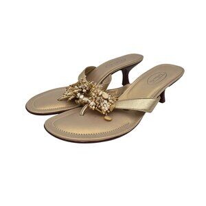 Talbots Gold Leather Jeweled Beaded Mule Dress Sandals Low Heel Size 7.5